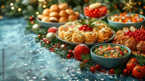  A festive table setting with bowls of food, a Christmas wreath, and a bauble display