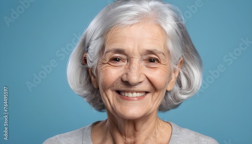 Portrait of the elderly, silver hair, senior. smiling. indoor. clean background.. blue background