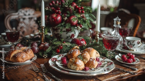  A table set for Christmas with cranberries  croissants  and croissants on plates