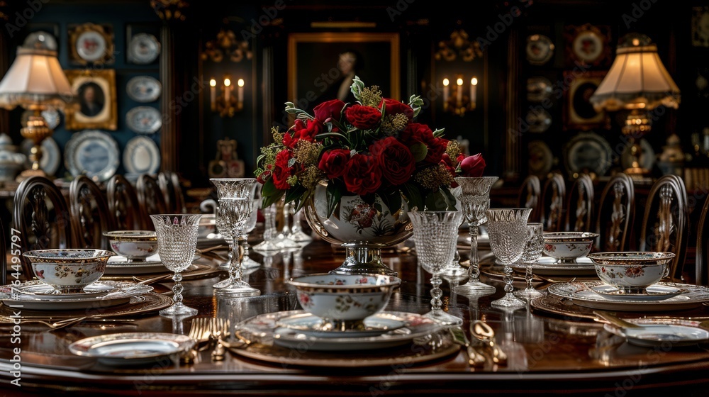  A dining table with a vase, plates, and silverware arranged atop it