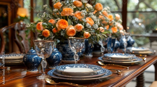  A dining room table with blue and white china and an orange-flowered vase