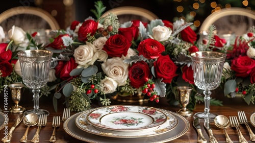  a plate on a table with a bouquet of flowers in its center