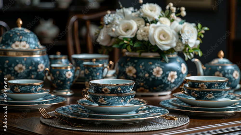  A tea set sits on a table, with two vases of flowers placed on either side, creating a beautiful arrangement in the center