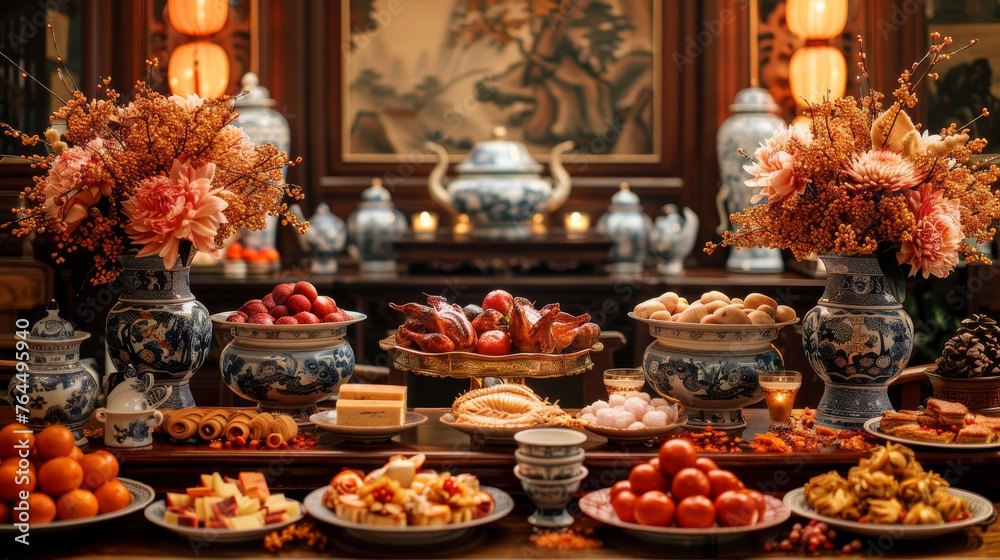 A well-set table, adorned with various dishes and an array of vibrant fruits and vegetables A well-set table, adorned with various dishes and an array of vibrant fruits and vegetables