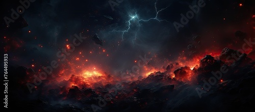 A dark and stormy sky crackling with lightning and magma flowing like lava