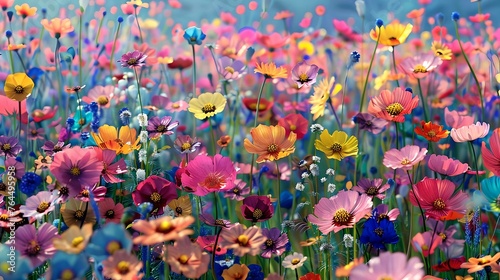 Vibrant field of colorful flowers  blossoming nature scene. perfect for greeting cards and backgrounds. exquisite beauty captured in spring. AI