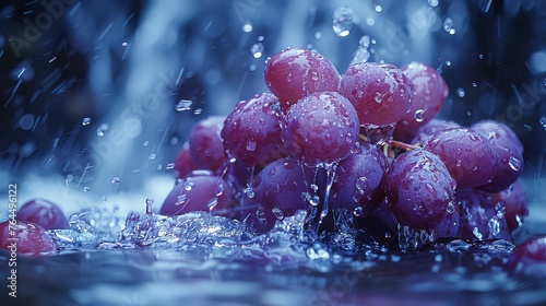  A group of grapes resting atop a wettable with a waterfall in the distance photo