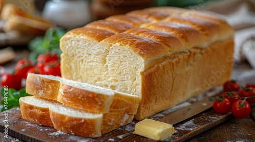  A loaf of bread sits atop a cutting board beside blocks of butter