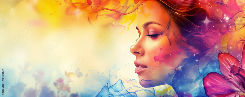 serene and dreamy portrait of woman immersed in whimsical overlay of watercolors and floral elements, suggesting peaceful blend of beauty and artistry. nature, tranquility, fluidity of emotions