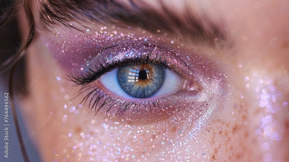 A close-up photo of a man's blue eye, adorned with sparkling glitter in its iris A close-up photo of a man's blue eye, adorned with sparkling glitter in its iris