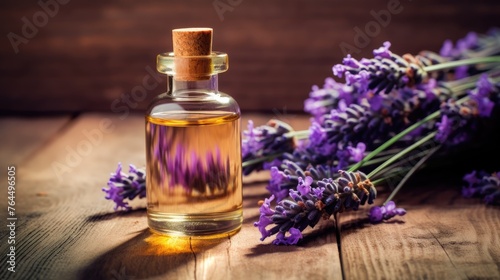 A glass bottle of lavender essential oil with fresh lavender flowers  an aromatherapy spa massage concept. Alternative medicine. Aromatherapy.