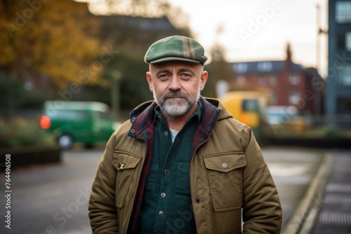 Portrait of a senior man wearing a cap and coat in the city. © Inigo