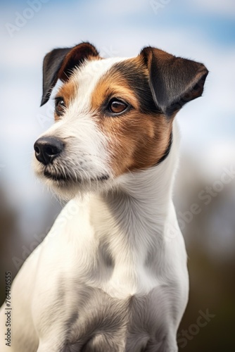 Dog with brown and white face is looking at camera