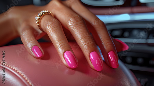  Hand with pink manicure and diamond ring on pink suitcase in close-up