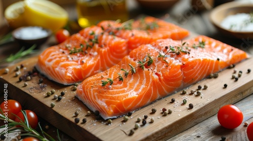  Close-up of salmon, tomatoes, and seasoning on a cutting board