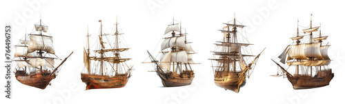 Illustration of many different vintage wooden sail ships concept on white background, Generative AI image.