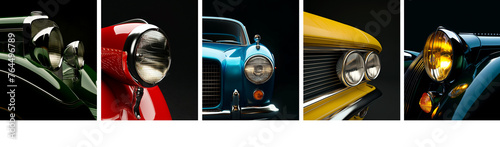 Illustrative concept of luxury colorful classic cars headlamps on black background, Generative AI image
