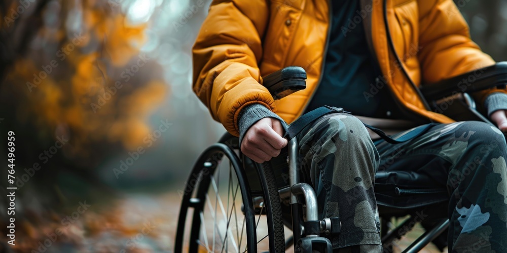 Obraz premium Man in yellow jacket is sitting in wheelchair