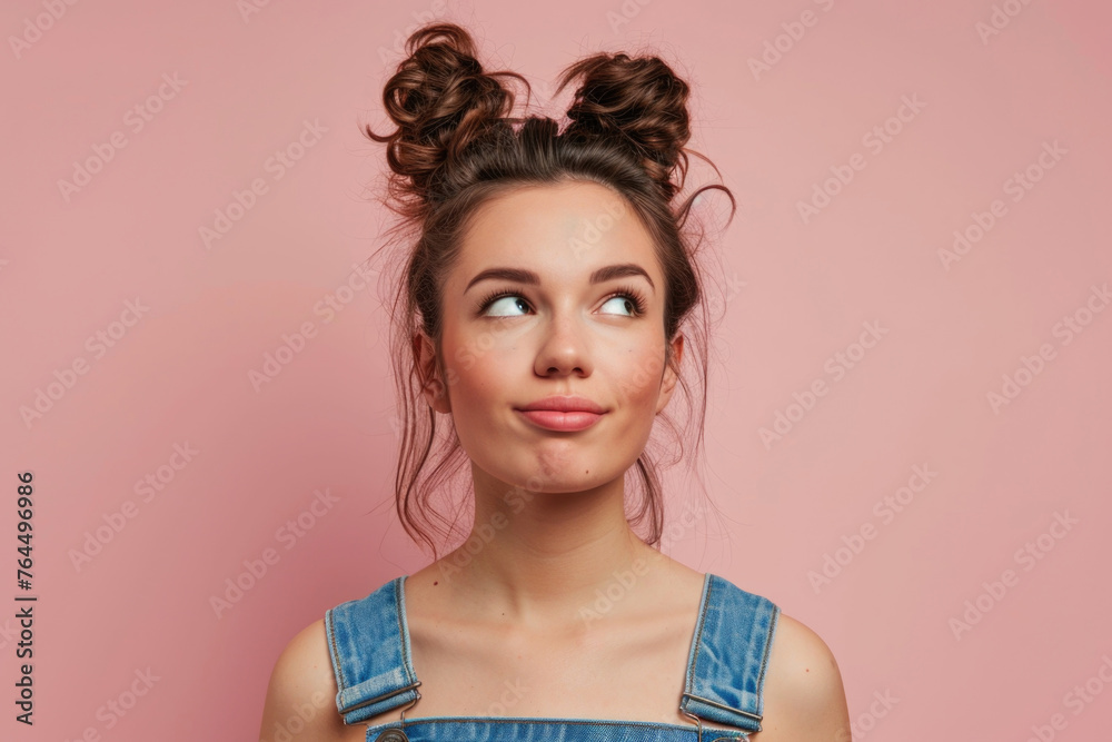 Fototapeta premium Girl with blue denim overalls and ponytail with her head tilted to side