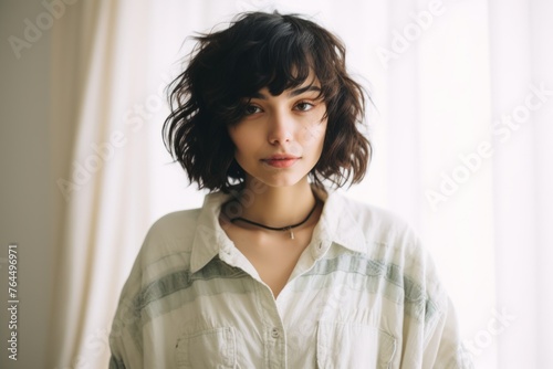 Portrait of a beautiful young woman with curly hair in a white shirt