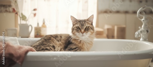A cat is calmly seated inside a bathtub