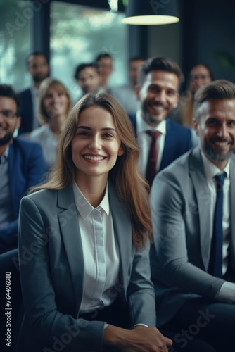Woman in business suit is smiling at camera
