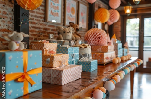 A festive array of birthday gifts and stuffed animals atop a wooden table with balloon backdrop.