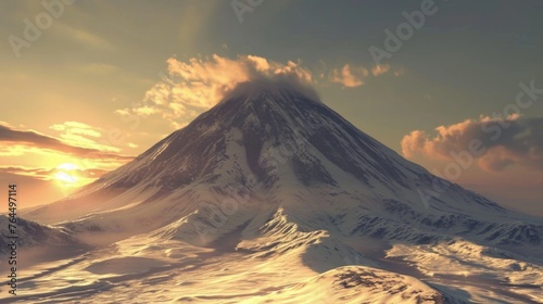 Mountain with snow covered peak and cloudy sky