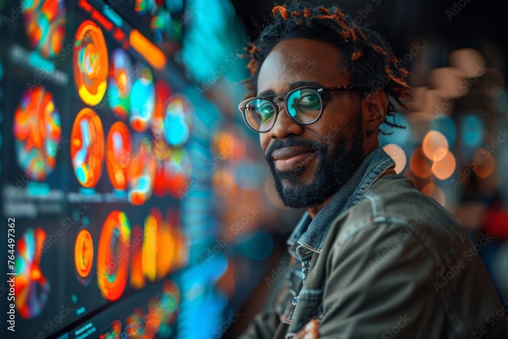 Fototapeta premium A professional with dreadlocks smiling confidently against a backdrop of vibrant data visualization screens.