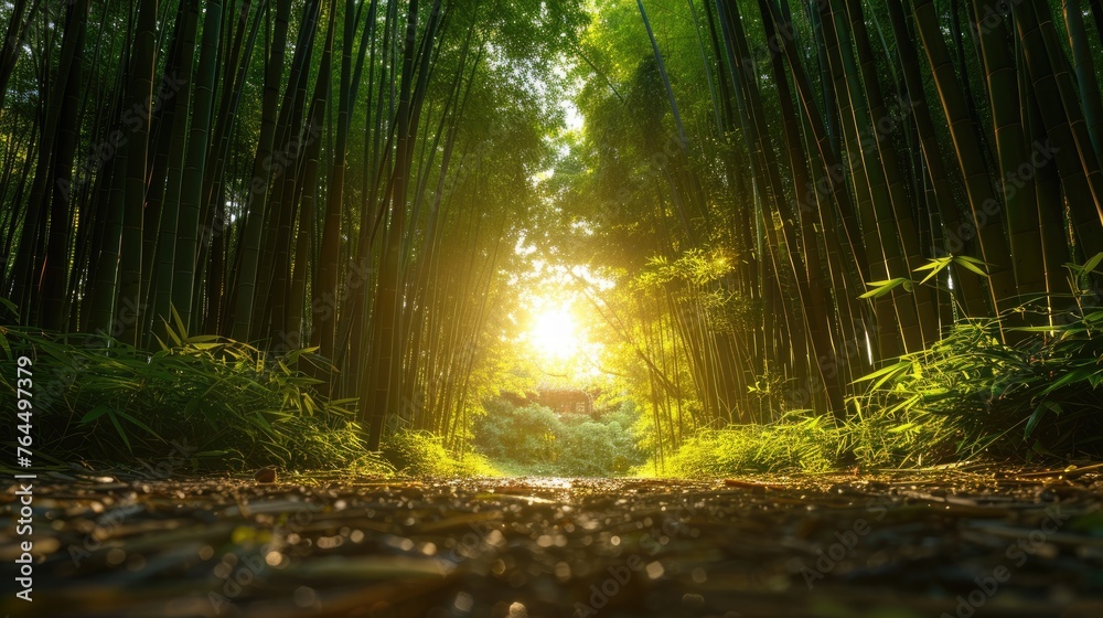 Fototapeta premium Sunrise in Tranquil Bamboo Forest