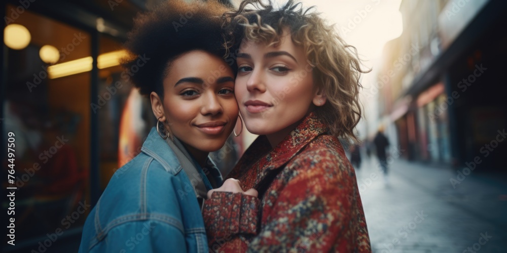 Two women are standing on street, one wearing blue jacket Two women are standing on street, one wearing blue jacket