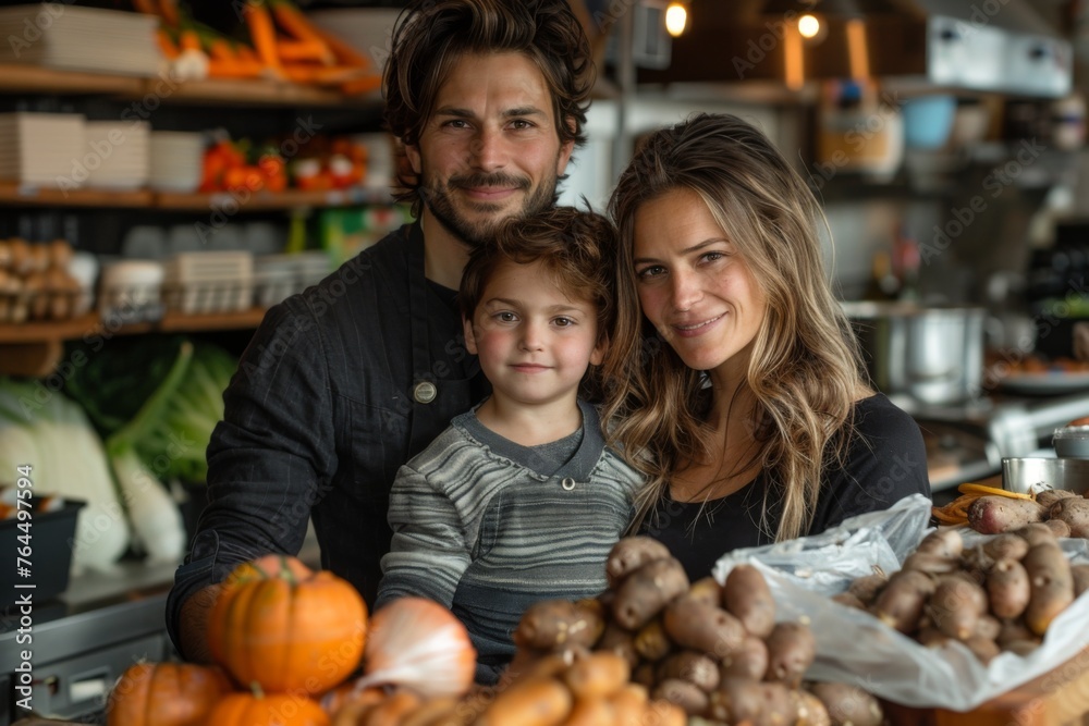 A warm family moment in a kitchen, with a couple and their child surrounded by fresh produce.