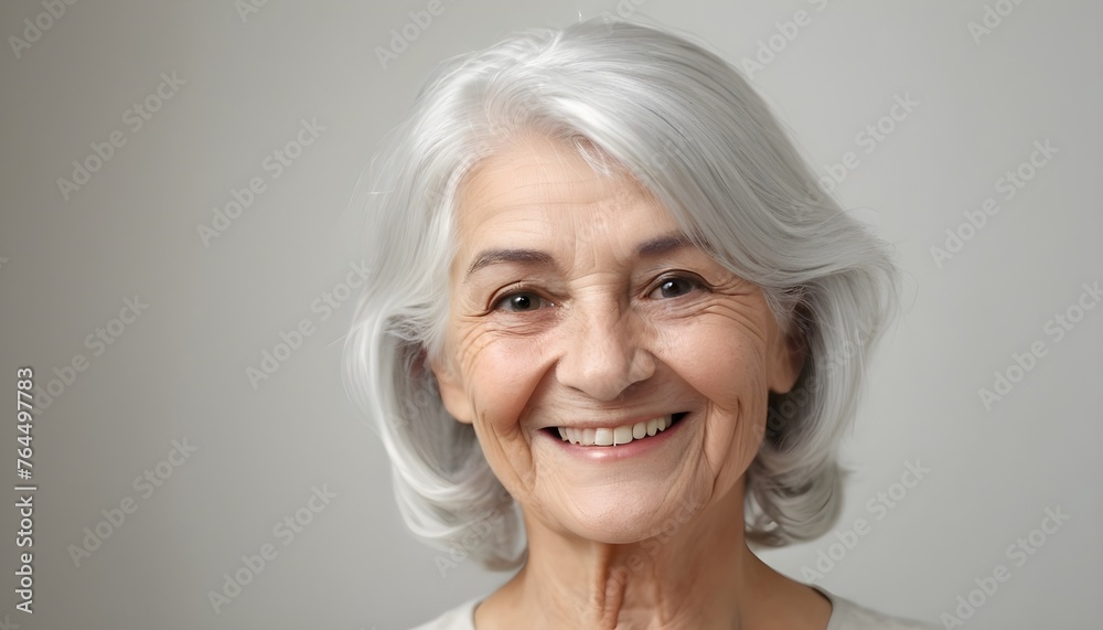 Portrait of the elderly, woman, silver hair, senior. smiling. indoor. clean background.