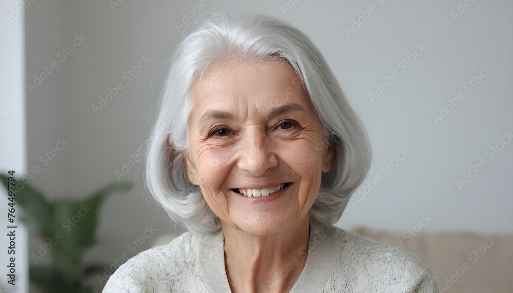 Portrait of the elderly, woman, silver hair, senior. smiling. indoor. clean background.