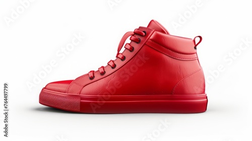 pair of stylish high-top sneakers in vibrant red, with bold accents and modern design details, standing out against a solid white background