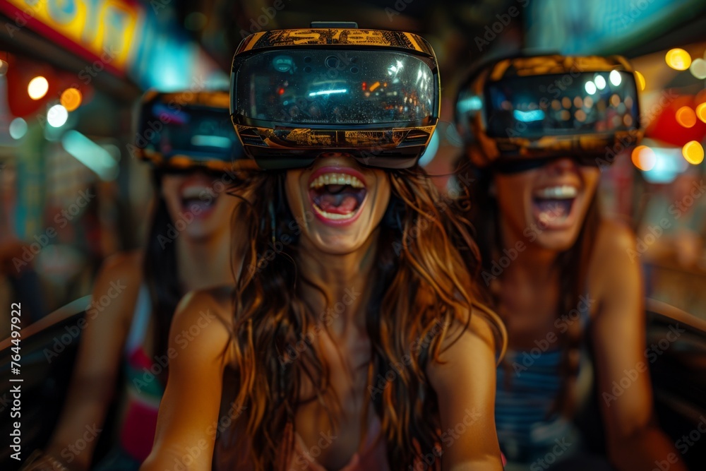 People wearing VR glasses are ecstatically experiencing a virtual reality attraction, with bright lights reflected on their gear. People wearing VR glasses are ecstatically experiencing a virtual reality attraction, with bright lights reflected on their gear.