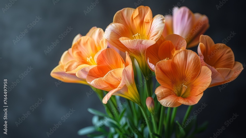 Black background, vase with orange & pink flowers, gray wall in backdrop Black background, vase with orange & pink flowers, gray wall in backdrop