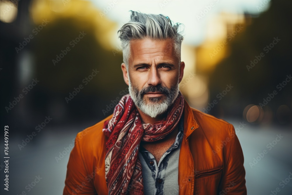 Portrait of a handsome mature man with gray hair and beard in a red scarf on a city street. Portrait of a handsome mature man with gray hair and beard in a red scarf on a city street.