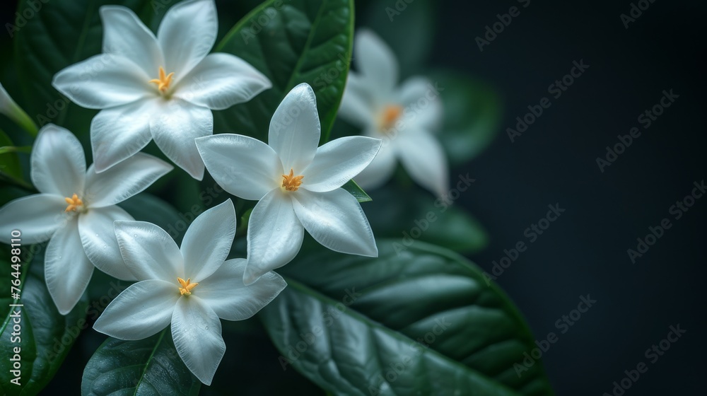 A group of white flowers on a green leafy tree branch against a black backdrop A group of white flowers on a green leafy tree branch against a black backdrop