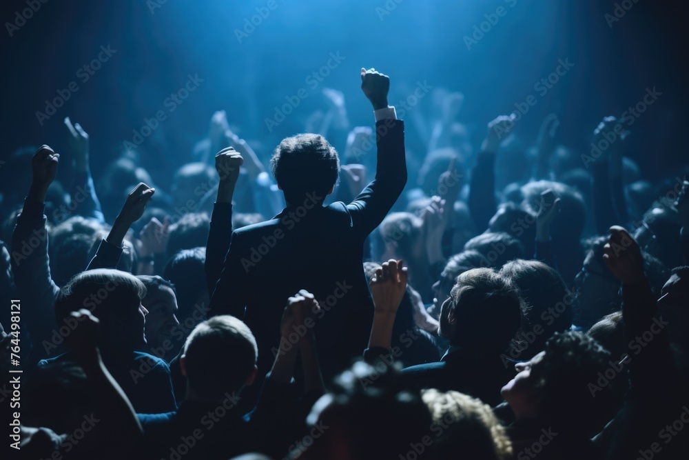 Man is standing in middle of crowd of people