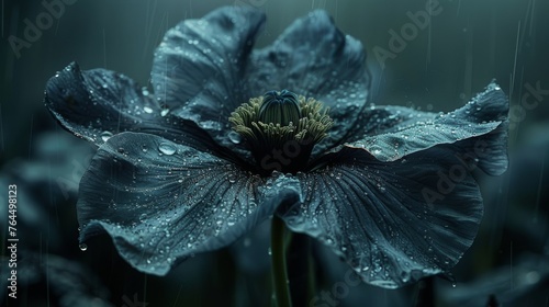  A macro shot of a blue blossom adorned with water droplets, accompanied by a verdant stalk in the focal point