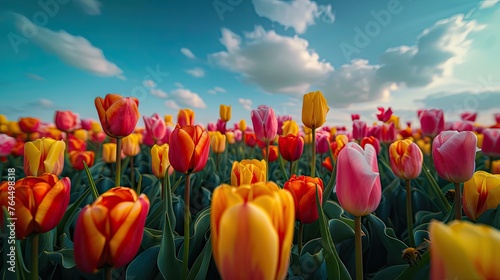 Vibrant Tulip Field under Blue Sky #764498318
