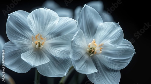  White flowers with yellow stamens on black background, close-up view of center
