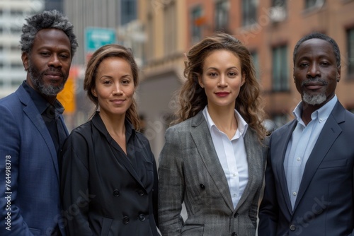 Four professional individuals outdoors, with a focused demeanor, in smart business wear.