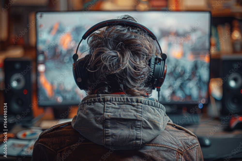 Rear view of a person with headphones engrossed in screen work at a desktop setup with vibrant monitors.
