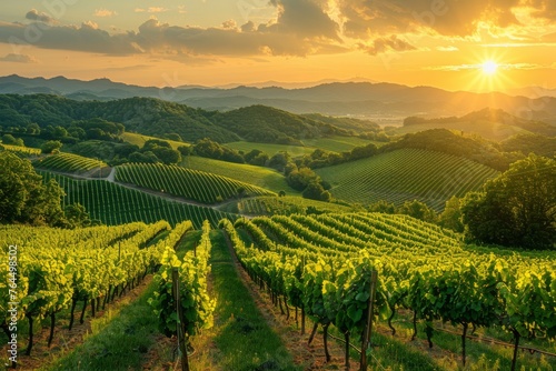 A verdant vineyard stretches over undulating hills under a radiant sunset, encapsulating rural charm. photo