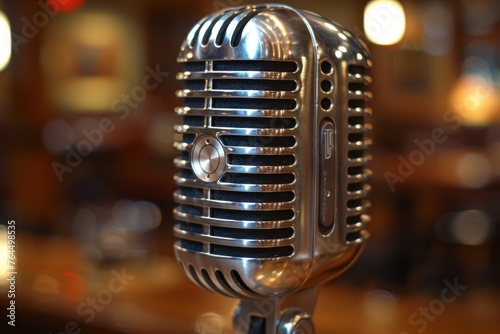 Classic metallic microphone on a stand, symbolizing vintage audio recording and timeless music performance.