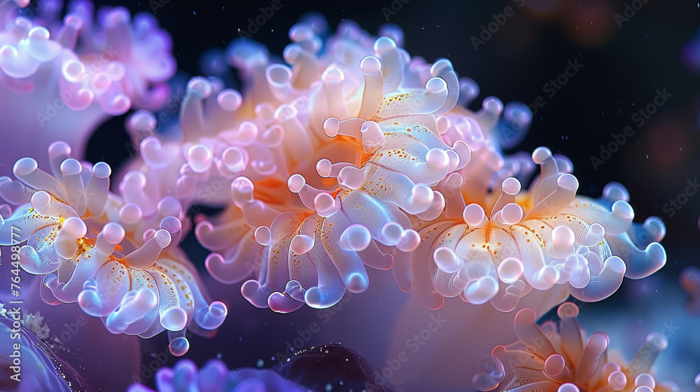 A close-up of a sea anemone, its body encircled by bubbles, with an anemone in the backdrop A close-up of a sea anemone, its body encircled by bubbles, with an anemone in the backdrop