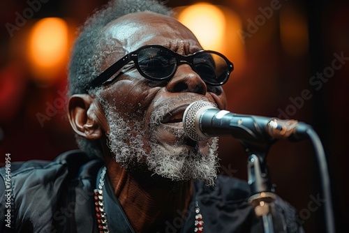 An impassioned male musician with a salt and pepper beard performs soulfully into a microphone on stage.