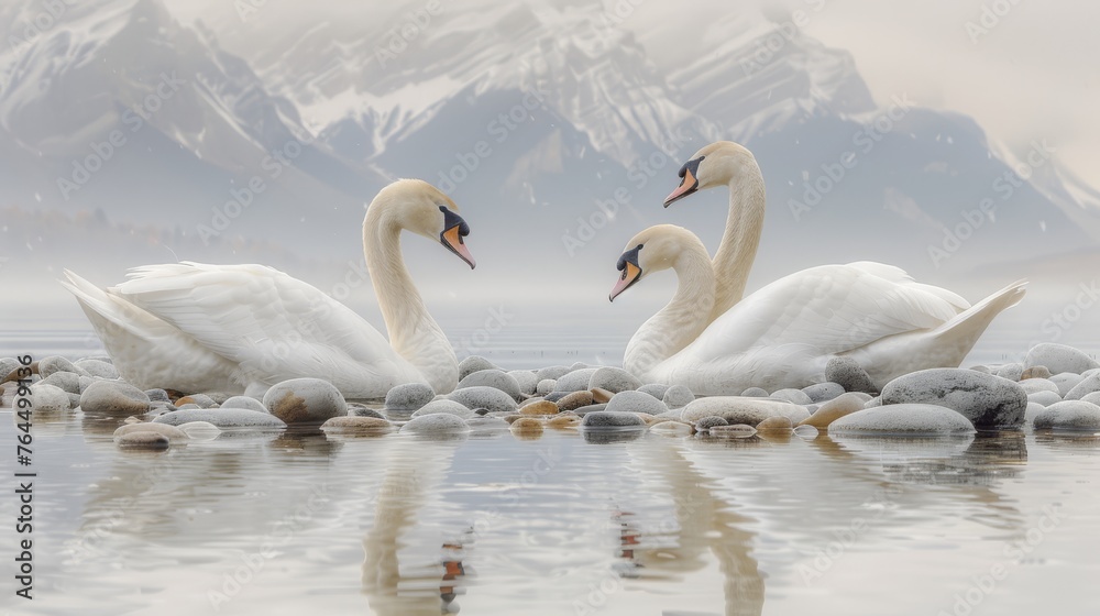 A couple of swans perched atop a tranquil lake adjacent to a mound of stones A couple of swans perched atop a tranquil lake adjacent to a mound of stones